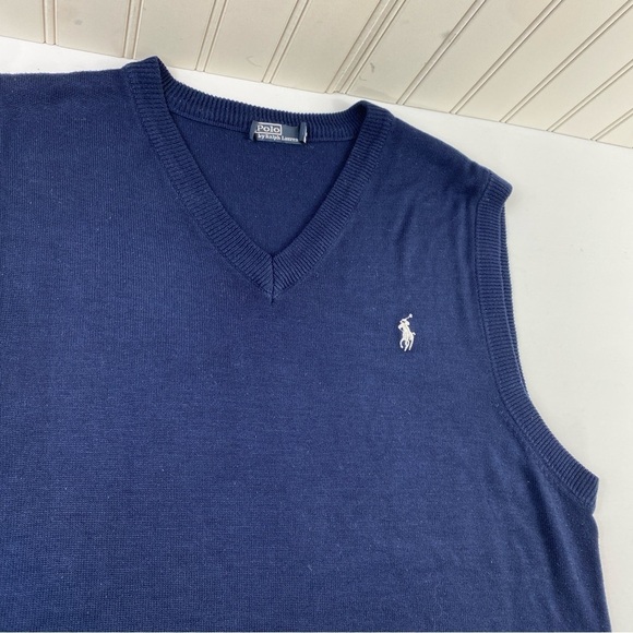 Polo Ralph Lauren Men's V Neck Navy and‎ White Cotton Vest Shirt Sz L - Picture 3 of 10